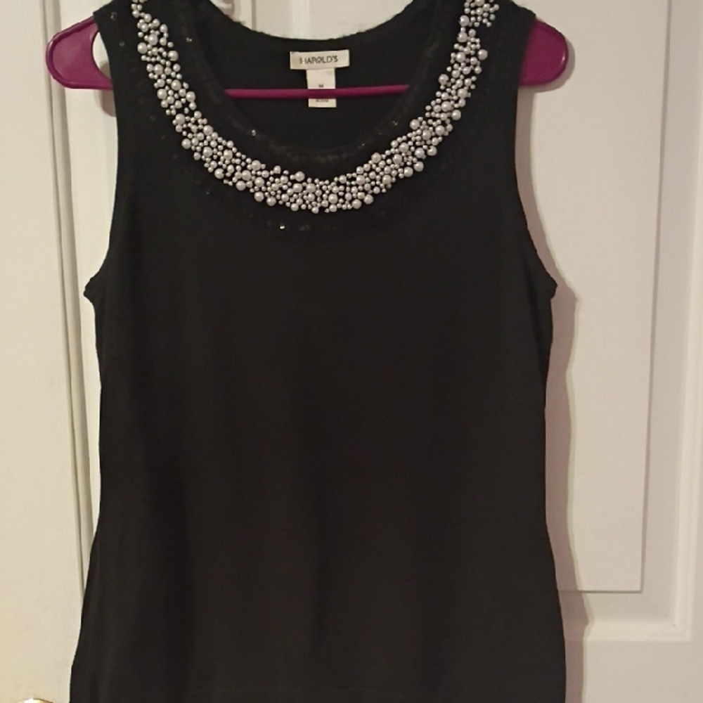 Harold's Elegant Black Tank with Beaded Neckline
